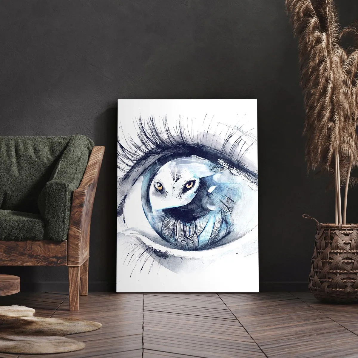 Bild auf Leinwand - Leinwandbild - Ein Auge mit dem Bild einer Eule in Aquarell-Blautönen - 50x70cm - Auge in Auge mit Wildheit - Moderne Wanddekoration für Wohnzimmer und Schlafzimmer ARTTOR