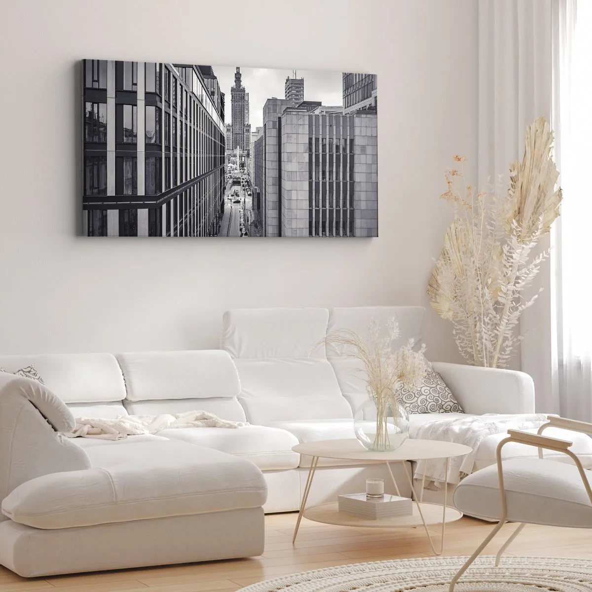 Bild auf Leinwand - Leinwandbild - Panorama von Warschau mit Blick auf den Kulturpalast und die umliegenden Gebäude - 140x50cm - Warschauer Tal - Moderne Wanddekoration für Wohnzimmer und Schlafzimmer ARTTOR