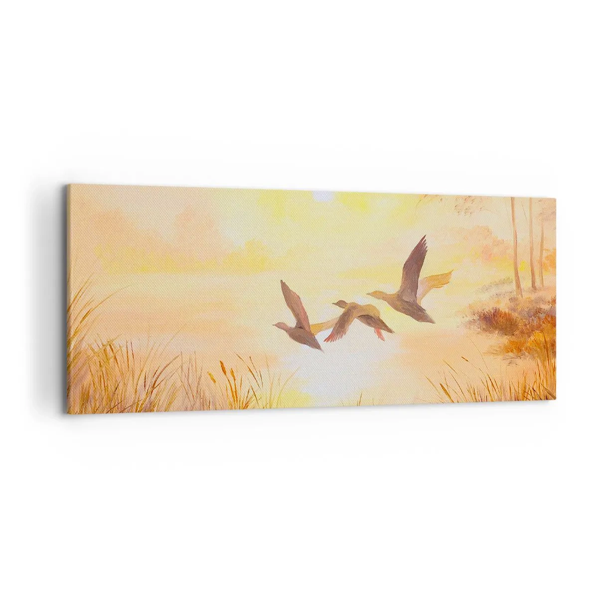 Bild auf Leinwand - Leinwandbild - Enten fliegen bei Sonnenaufgang über den See - 120x50cm - Der Beginn einer langen Reise - Moderne Wanddekoration für Wohnzimmer und Schlafzimmer ARTTOR
