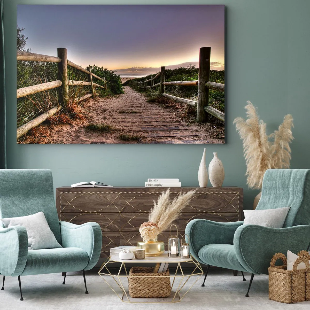 Bild auf Leinwand - Leinwandbild - Holzweg in den Dünen, der bei Sonnenuntergang zum Strand führt - 70x50cm - Das Ziel ist bereits sichtbar - Moderne Wanddekoration für Wohnzimmer und Schlafzimmer ARTTOR