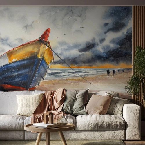 Fototapete Premium Canvas - Erholung am Ufer - Landschaft, Boot, Strand - 200x140 cm