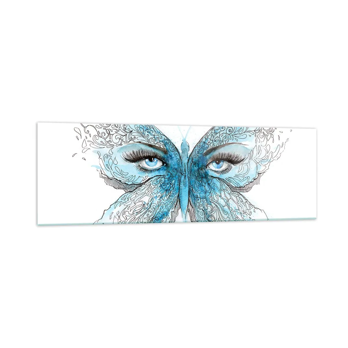Glasbild - Bild auf glas - Künstlerisches Aquarell eines Schmetterlings mit blauen Augen - 160x50cm - Eros Blaumeise - Moderne Wanddekoration für Wohnzimmer und Schlafzimmer ARTTOR