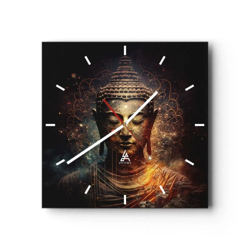 Wanduhr - Glasuhr - Goldener Buddha auf dunklem Hintergrund mit Ornamenten - 30x30cm - Spirituelles Gleichgewicht - Moderne Wanddekoration für Wohnzimmer und Schlafzimmer ARTTOR