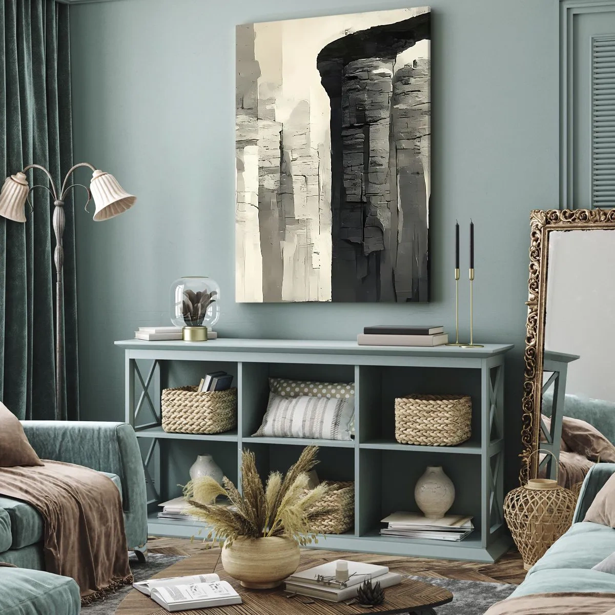 Bild auf Leinwand - Leinwandbild - Historische Säulen in stimmungsvoller monochromer Umgebung - 50x70cm - Majestät der Antike - Moderne Wanddekoration für Wohnzimmer und Schlafzimmer ARTTOR