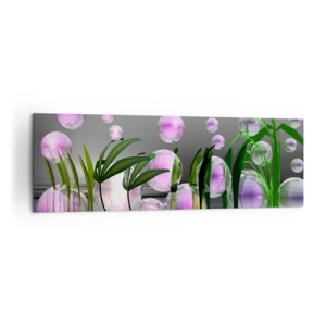 Bild auf Leinwand - Leinwandbild - Grüne Blätter und rosa Blasen über dem Wasser auf grauem Hintergrund - 160x50cm - Eine reflektierende Komposition aus Leichtigkeit und Leben - Moderne Wanddekoration für Wohnzimmer und Schlafzimmer ARTTOR