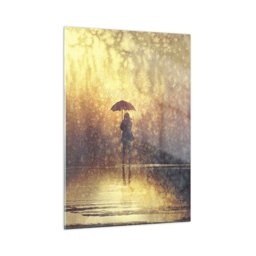 Glasbild - Bild auf glas - Eine Figur mit Regenschirm im Licht der untergehenden Sonne und des Regens - 50x70cm - Ich habe das Gefühl, dass mich jemand ansieht - Moderne Wanddekoration für Wohnzimmer und Schlafzimmer ARTTOR