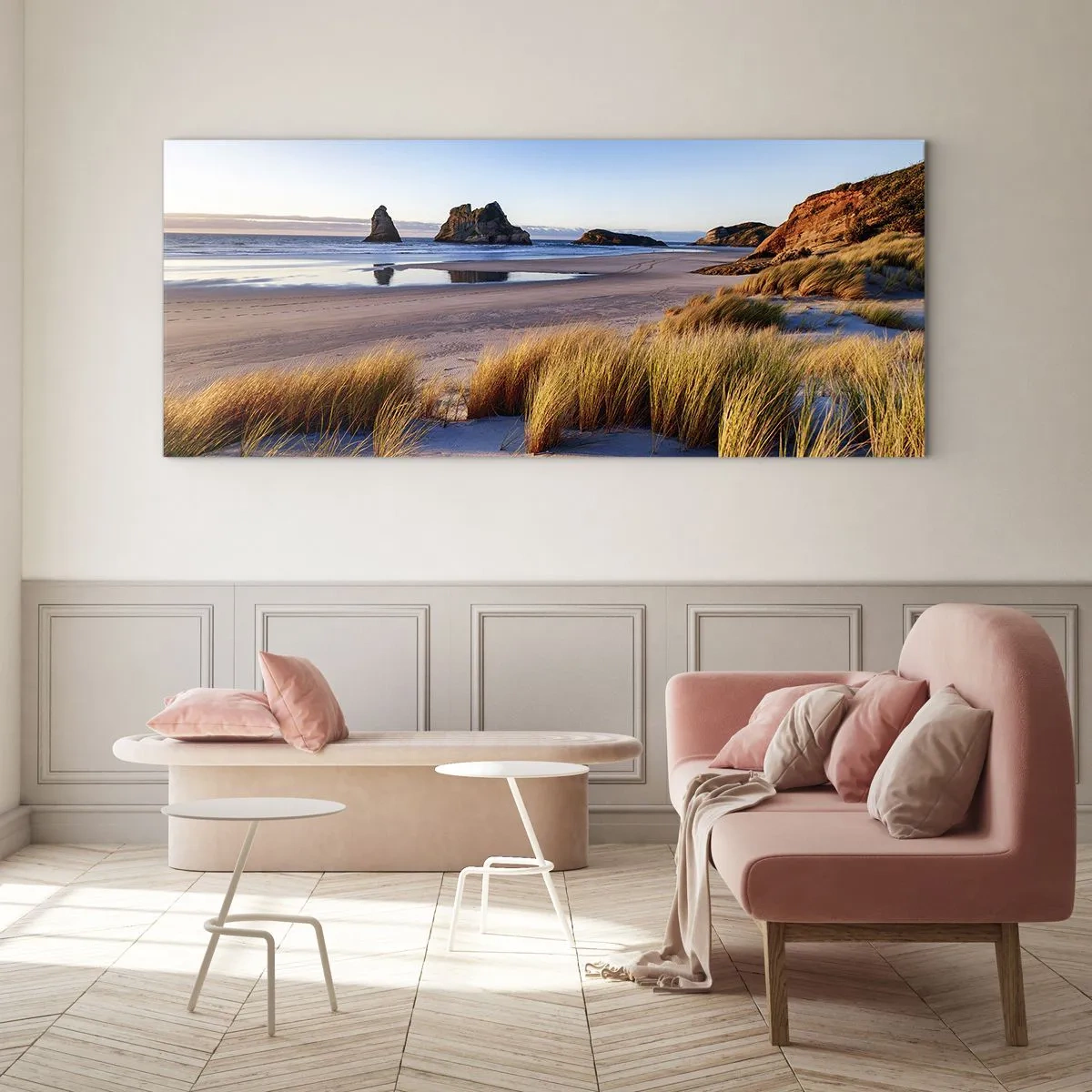Glasbild - Bild auf glas - Ein malerischer Strand mit Blick auf die Felsen und das Meer bei Sonnenuntergang - 140x50cm - Für Friedenssuchende - Moderne Wanddekoration für Wohnzimmer und Schlafzimmer ARTTOR