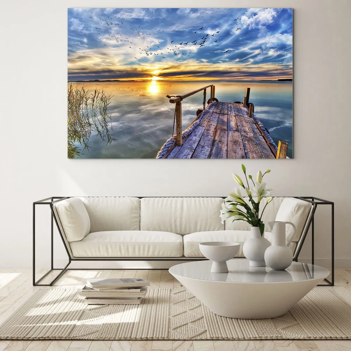 Glasbild - Bild auf glas - Lakeside Pier bei Sonnenuntergang mit Vögeln am Himmel - 100x70cm - Der Wind geht zur Ruhe - Moderne Wanddekoration für Wohnzimmer und Schlafzimmer ARTTOR