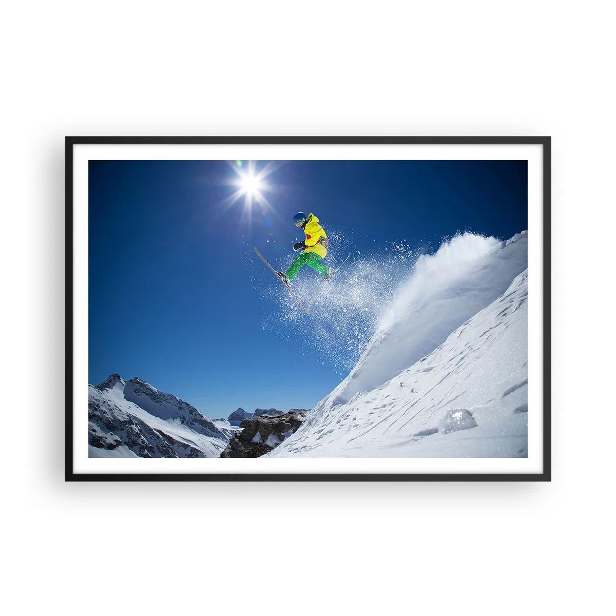 Poster in einem schwarzem Rahmen - Skifahrer in der Luft mit Bergen im Hintergrund - 100x70cm - Tanzen mit den Bergen - Moderne Wanddekoration für Wohnzimmer und Schlafzimmer ARTTOR