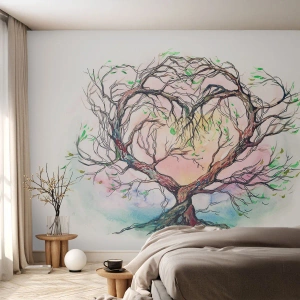 Fototapete Premium Sand - Aquarell herzförmiger Baum - 100x70cm - Gemeinsam gegen die Stürme - Moderne Wanddekoration für Wohnzimmer und Schlafzimmer ARTTOR