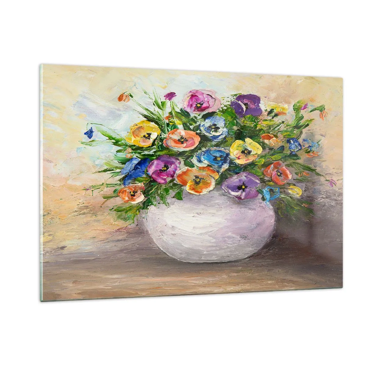 Glasbild - Bild auf glas - Ein Strauß bunter Blumen in einer weißen Vase - 120x80cm - Stillleben mit einer weißen Vase - Moderne Wanddekoration für Wohnzimmer und Schlafzimmer ARTTOR