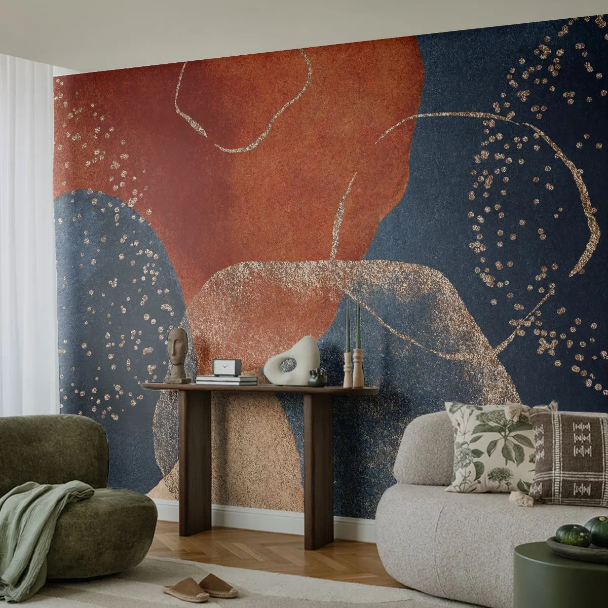 Fototapete Standard Eco - Abstrakte Punkte in Marineblau und Kupfer mit einem Hauch von Gold - 100x70cm - Die Leichtigkeit des Seins - Moderne Wanddekoration für Wohnzimmer und Schlafzimmer ARTTOR