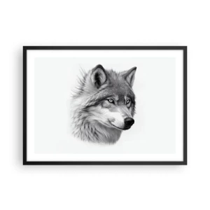 Poster in einem schwarzem Rahmen - Ein realistisches Porträt eines Wolfes in Grautönen. - 70x50cm - Alpha – ohne Zweifel - Moderne Wanddekoration für Wohnzimmer und Schlafzimmer ARTTOR