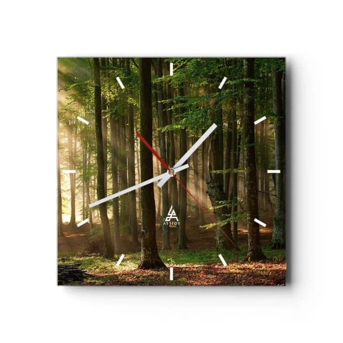 Wanduhr - Glasuhr - Sonnenstrahlen dringen durch die Bäume im Wald - 30x30cm - Strahlend an einem Frühlingsmorgen - Moderne Wanddekoration für Wohnzimmer und Schlafzimmer ARTTOR