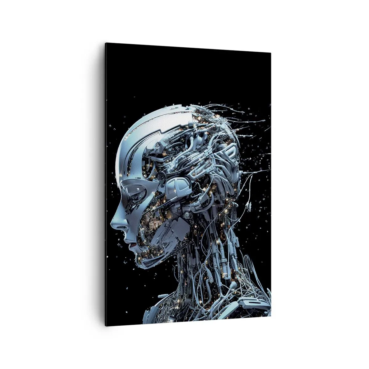 Bild auf Leinwand - Leinwandbild - Futuristisches Porträt eines Cyborgs im Industriestil auf schwarzem Hintergrund. - 80x120cm - Technologie ist eine Frau - Moderne Wanddekoration für Wohnzimmer und Schlafzimmer ARTTOR