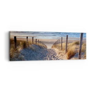 Bild auf Leinwand - Leinwandbild - Das Rauschen des Meeres, der Gesang der Vögel, ein wilder Strand im Gras ... - 90x30 cm