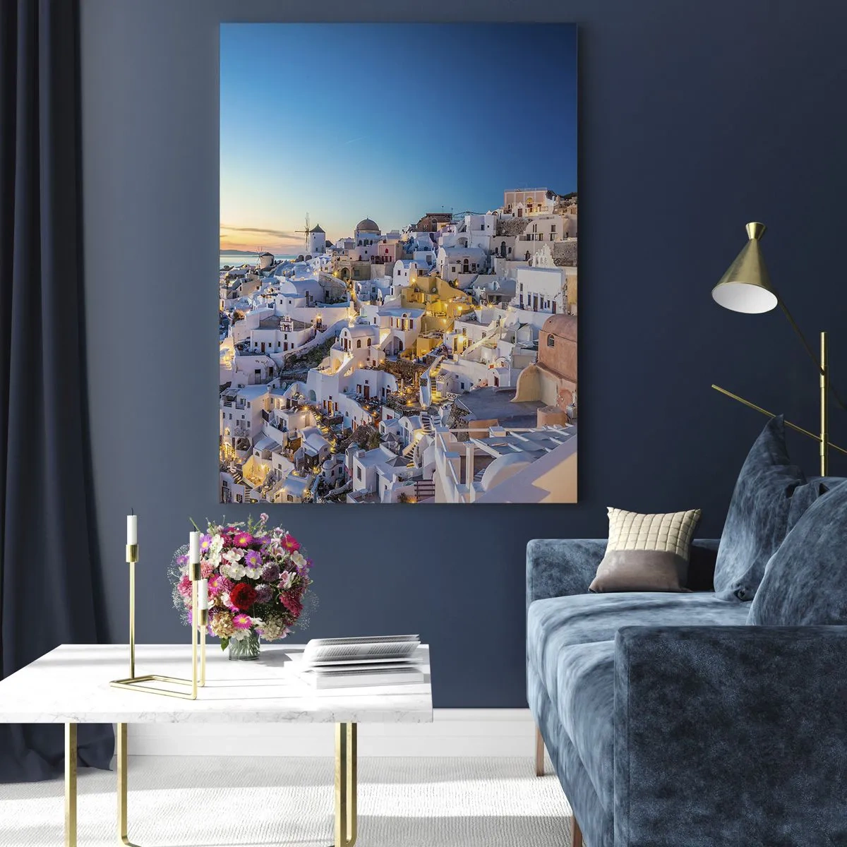 Glasbild - Bild auf glas - Blick auf eine griechische Stadt bei Sonnenuntergang - 70x100cm - Die Essenz des Griechischen - Moderne Wanddekoration für Wohnzimmer und Schlafzimmer ARTTOR