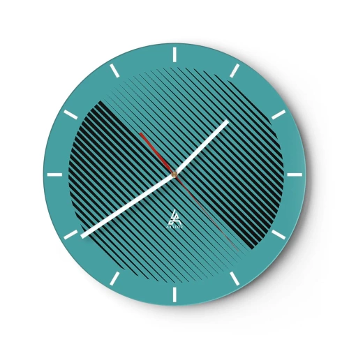 Wanduhr - Glasuhr - Türkisfarbener Hintergrund mit schwarzen diagonalen Linien in geometrischer Anordnung - 30x30cm - Kreis – eine geometrische Variante - Moderne Wanddekoration für Wohnzimmer, Küche und Schlafzimmer ARTTOR