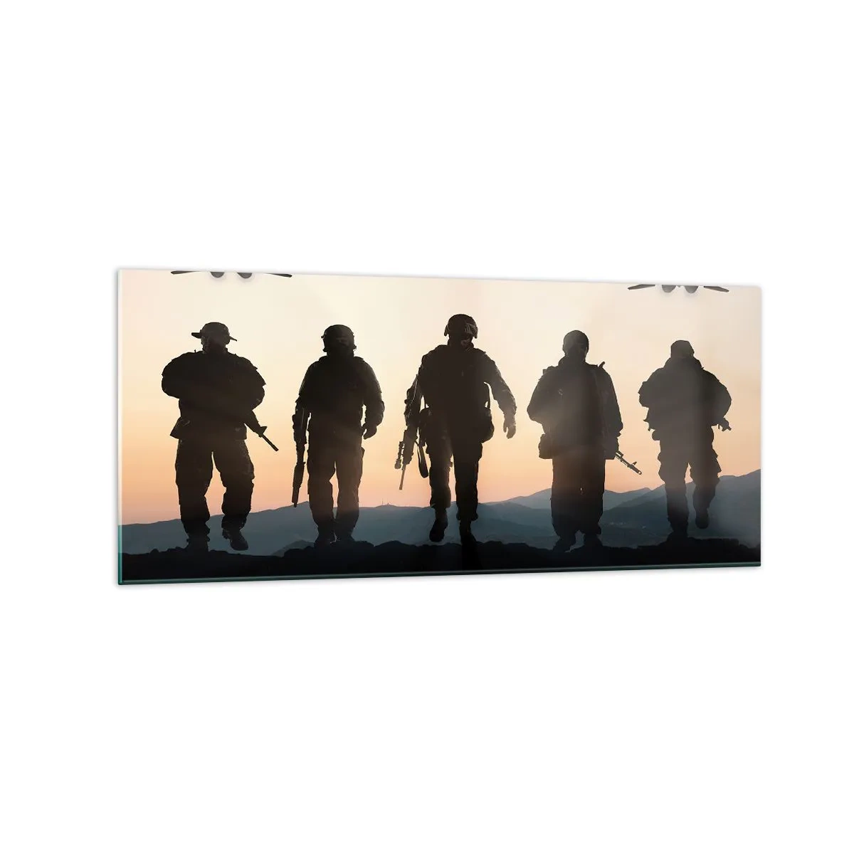 Glasbild - Bild auf glas - Silhouetten von Soldaten und Kampfjets vor dem Hintergrund des Sonnenuntergangs - 120x50cm - Willkommen in unserer Welt - Moderne Wanddekoration für Wohnzimmer und Schlafzimmer ARTTOR