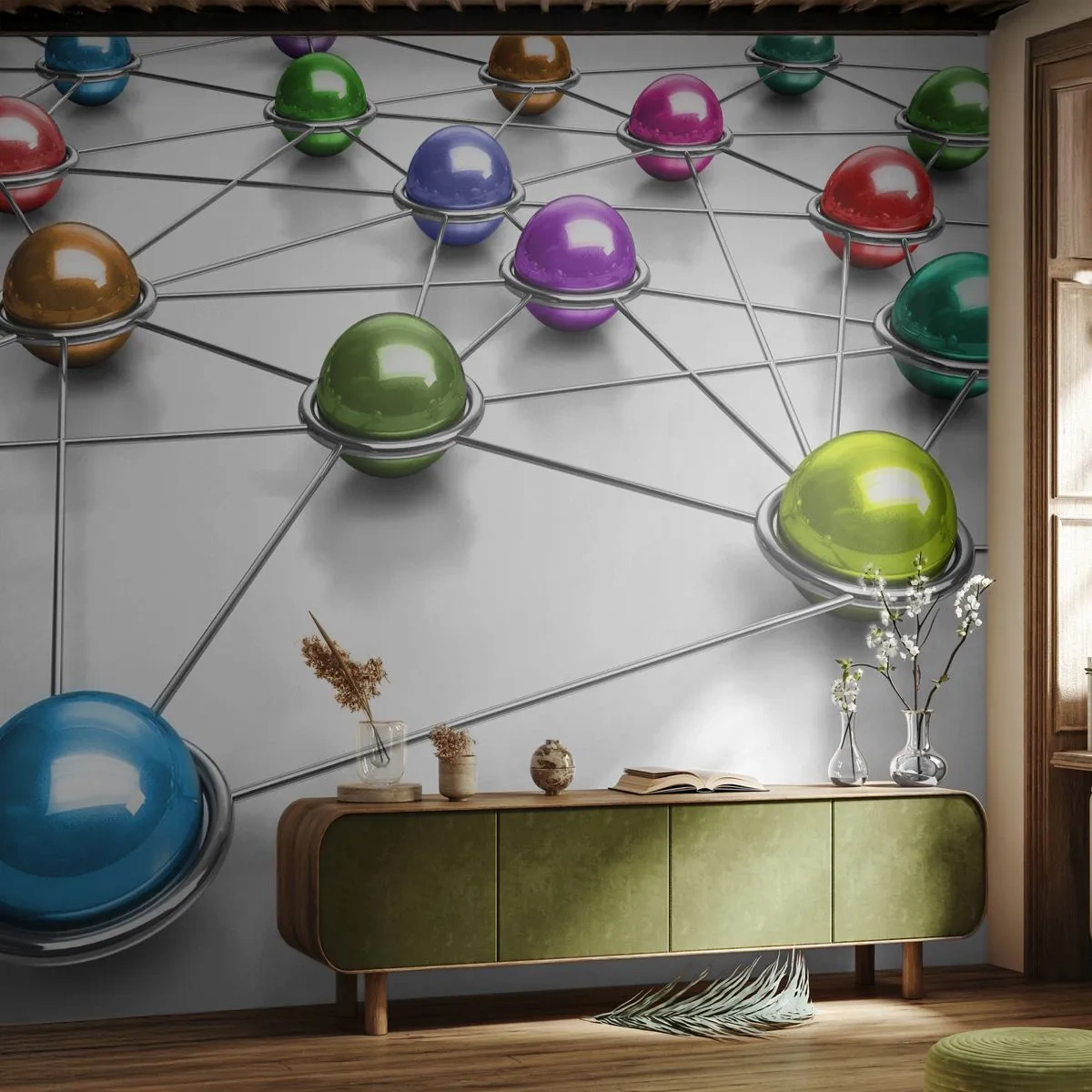 Fototapete Premium Sand - Kosmisches Spinnennetz - Abstraktion, Metallkugeln, 3D - 200x140 cm