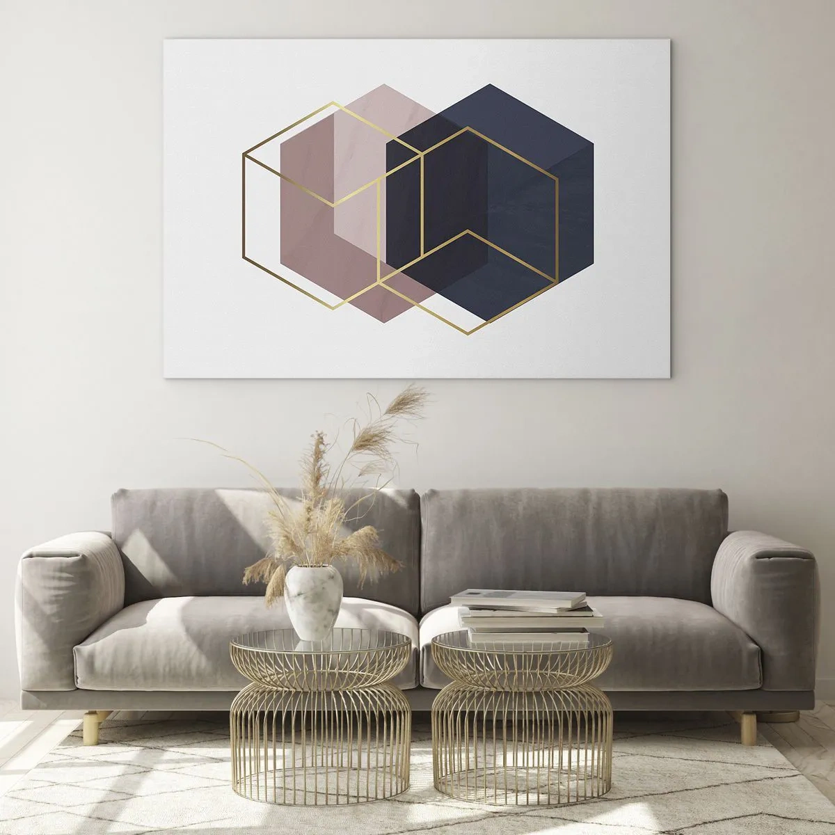 Glasbild - Bild auf glas - Goldene Umrisse von Würfeln vor einem Hintergrund aus marineblauen und rosafarbenen Flächen - 70x50cm - Die Kraft der Einfachheit - Moderne Wanddekoration für Wohnzimmer und Schlafzimmer ARTTOR
