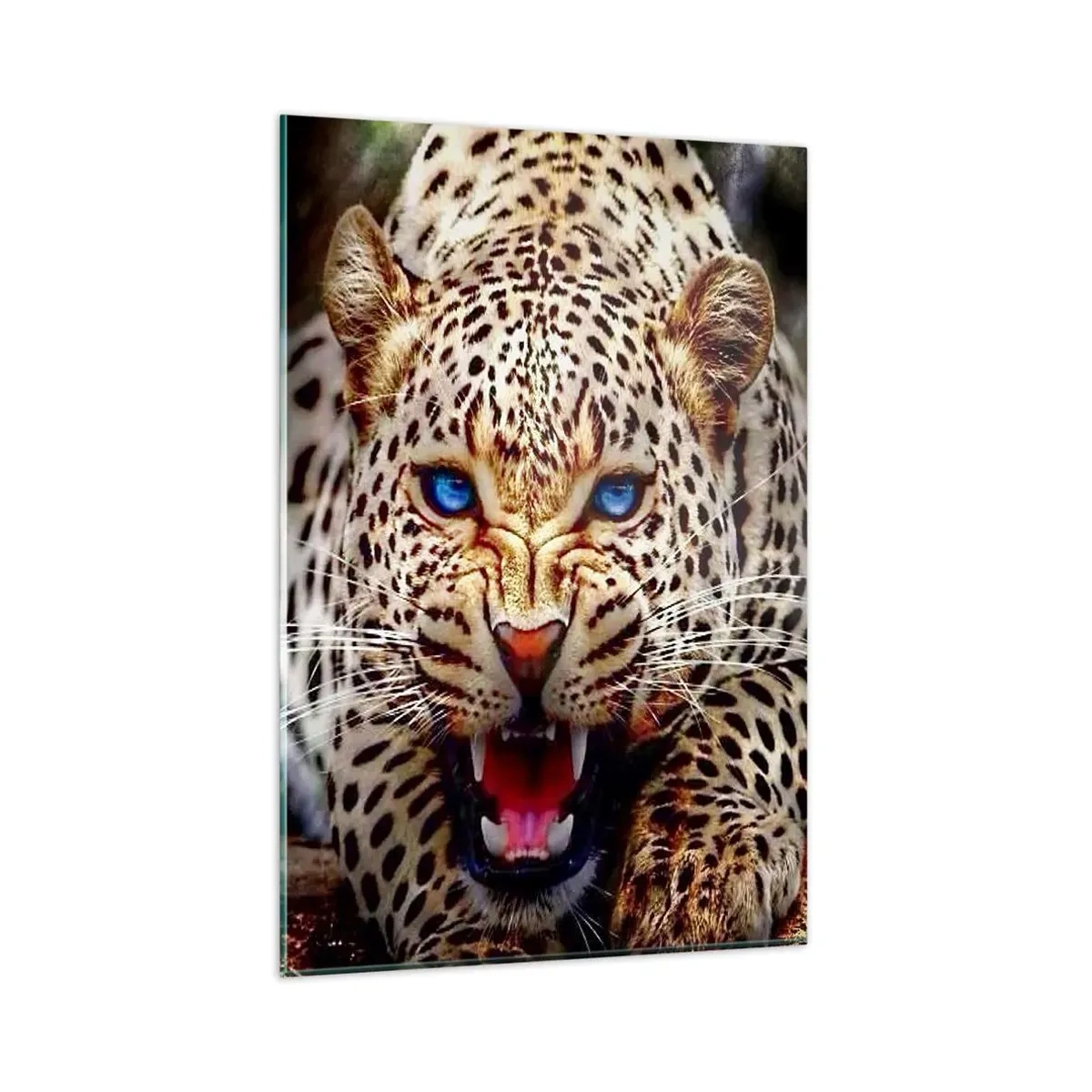 Glasbild - Bild auf glas - Ein bedrohlicher Leopard mit intensiv blauen Augen - 80x120cm - Schönheitswut tut nicht weh - Moderne Wanddekoration für Wohnzimmer und Schlafzimmer ARTTOR