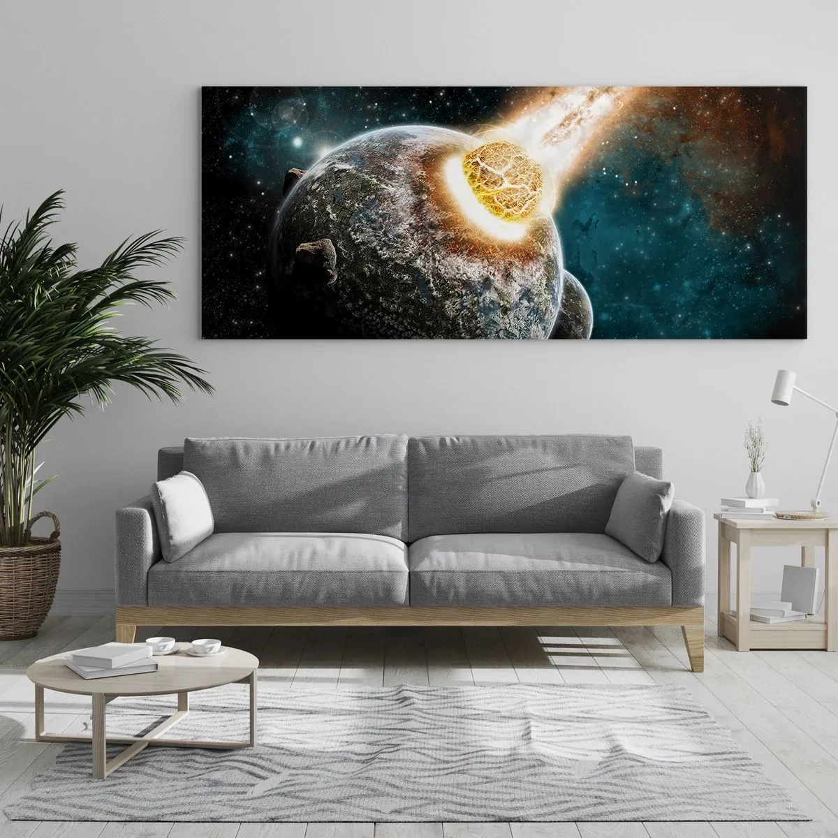 Glasbild - Bild auf glas - Kosmische Kollision eines Planeten mit einem Asteroiden in der Nähe der Galaxie. - 120x50cm - Holocaust oder Geburt? - Moderne Wanddekoration für Wohnzimmer und Schlafzimmer ARTTOR