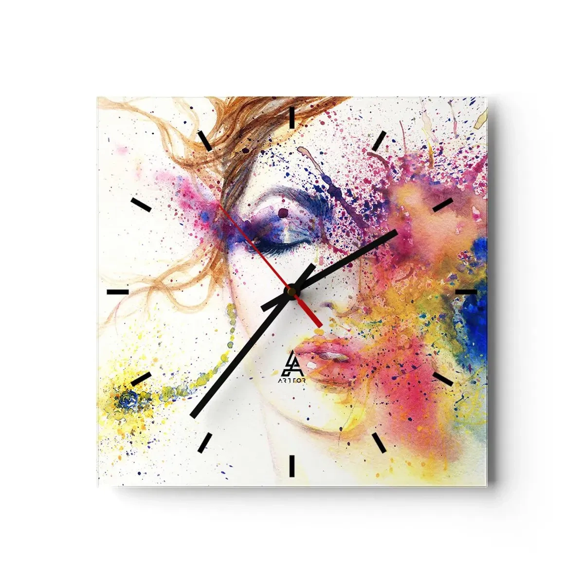 Wanduhr - Glasuhr - Ein künstlerisches Frauenportrait in ausdrucksstarken Aquarellfarben. - 30x30cm - Regenbogenschwindel - Moderne Wanddekoration für Wohnzimmer und Schlafzimmer ARTTOR