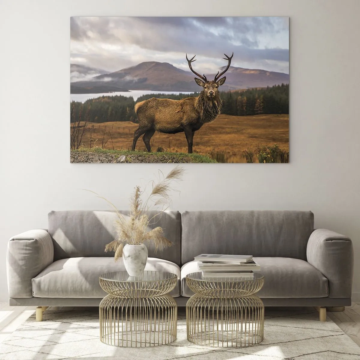 Glasbild - Bild auf glas - Hirsche vor der Kulisse malerischer Berge und Wälder - 120x80cm - Die Majestät der Natur - Moderne Wanddekoration für Wohnzimmer und Schlafzimmer ARTTOR