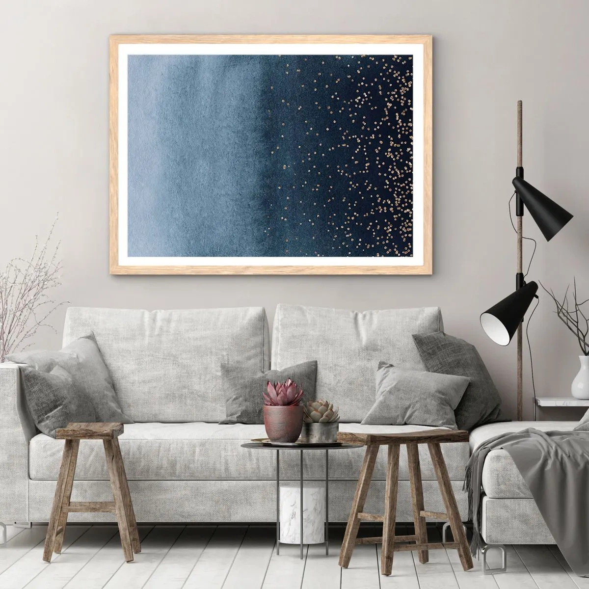 Poster in einem Rahmen aus heller Eiche - Komposition - blaue Phasen - 100x70 cm