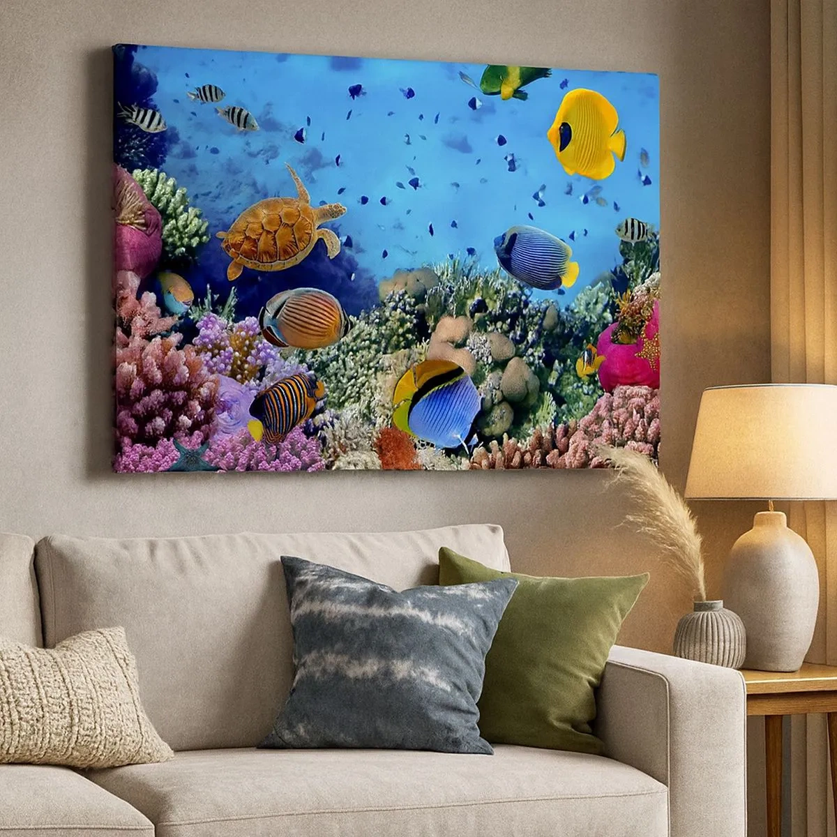 Bild auf Leinwand - Leinwandbild - Korallenriff mit bunten Fischen und einer Meeresschildkröte - 70x50cm - Und was wissen wir über das Leben ... - Moderne Wanddekoration für Wohnzimmer und Schlafzimmer ARTTOR