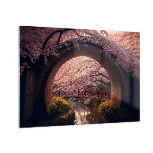 Glasbild - Bild auf glas - Kirschblüten und eine japanische Brücke durch das runde Tor gesehen - 70x50cm - Japanischer Frühling - Moderne Wanddekoration für Wohnzimmer und Schlafzimmer ARTTOR
