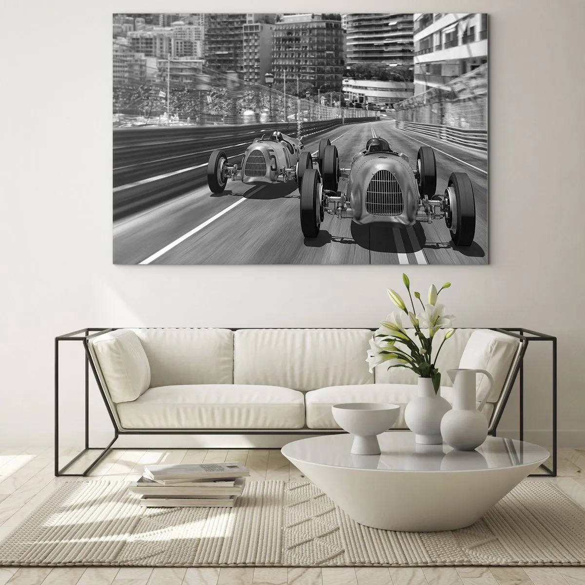 Glasbild - Bild auf glas - Historisches Autorennen in Schwarz-Weiß - 70x50cm - Vor langer Zeit in Monte Carlo - Moderne Wanddekoration für Wohnzimmer und Schlafzimmer ARTTOR