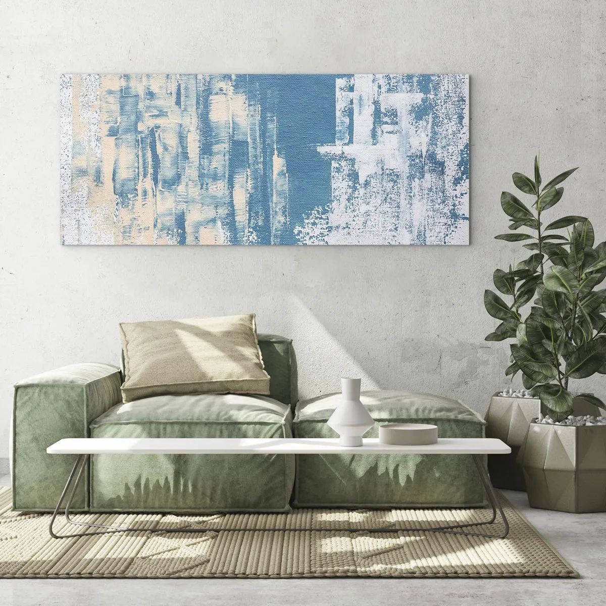 Glasbild - Bild auf glas - Abstrakte Komposition in Blau- und Weißtönen - 160x50cm - Durch einen Eiszapfen - Moderne Wanddekoration für Wohnzimmer und Schlafzimmer ARTTOR