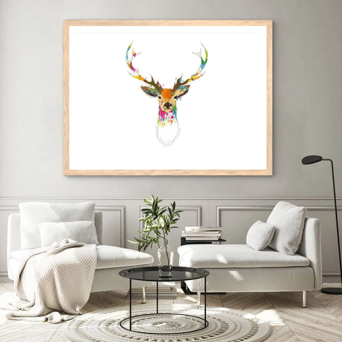 Poster in einem Rahmen aus heller Eiche - Ein mildes Reh in Farbe getaucht - 100x70 cm