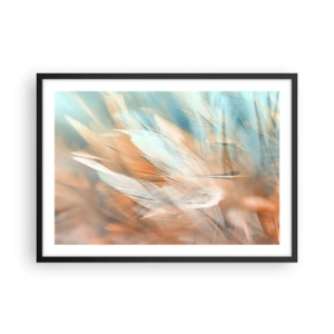 Poster in einem schwarzem Rahmen - Zarte Federn in Pastelltönen von Blau und Orange - 70x50cm - Im Land der Sanftmut - Moderne Wanddekoration für Wohnzimmer und Schlafzimmer ARTTOR