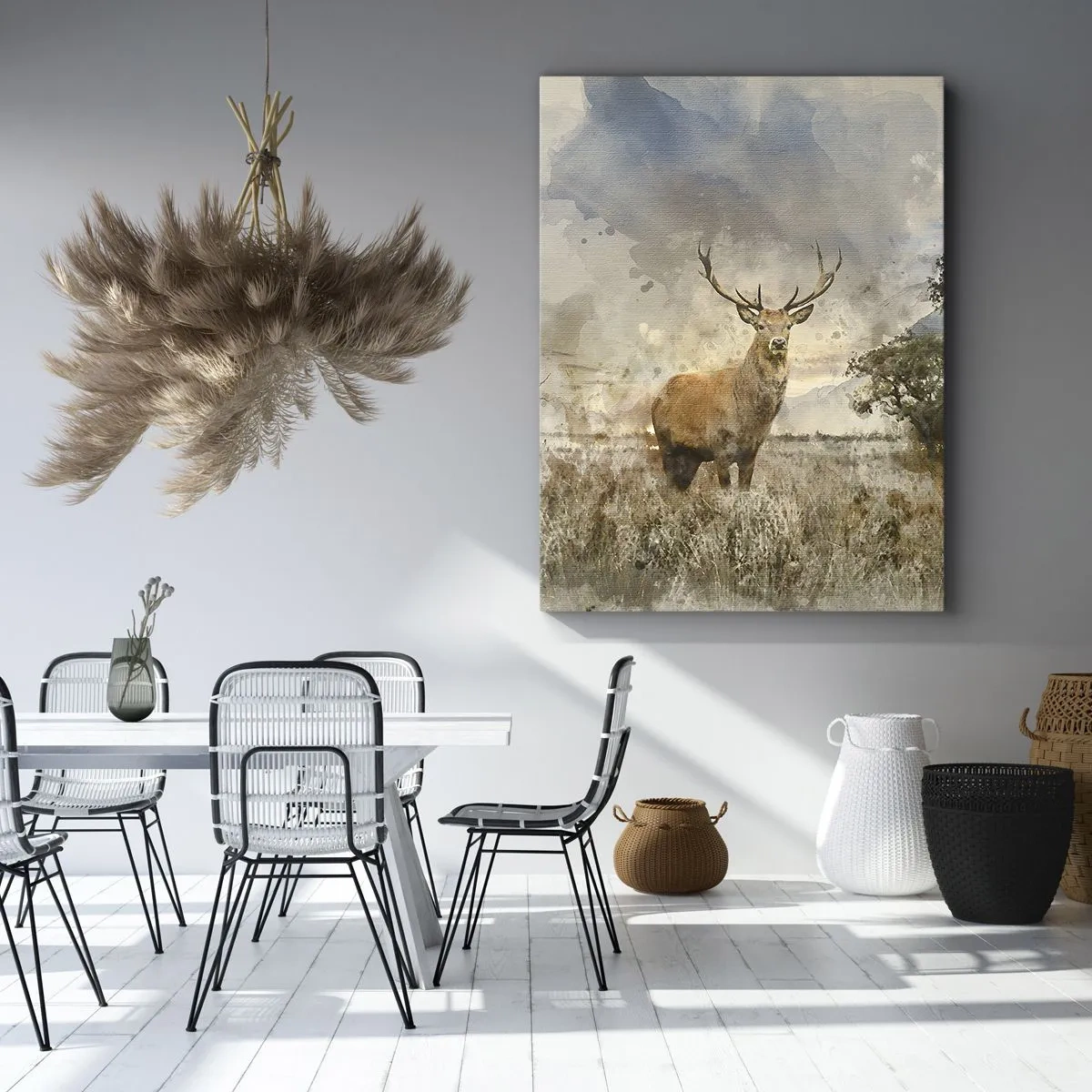 Bild auf Leinwand - Leinwandbild - Ein Hirsch in einer natürlichen Umgebung im Aquarellstil - 50x70cm - Würde – Stärke – Würde - Moderne Wanddekoration für Wohnzimmer und Schlafzimmer ARTTOR