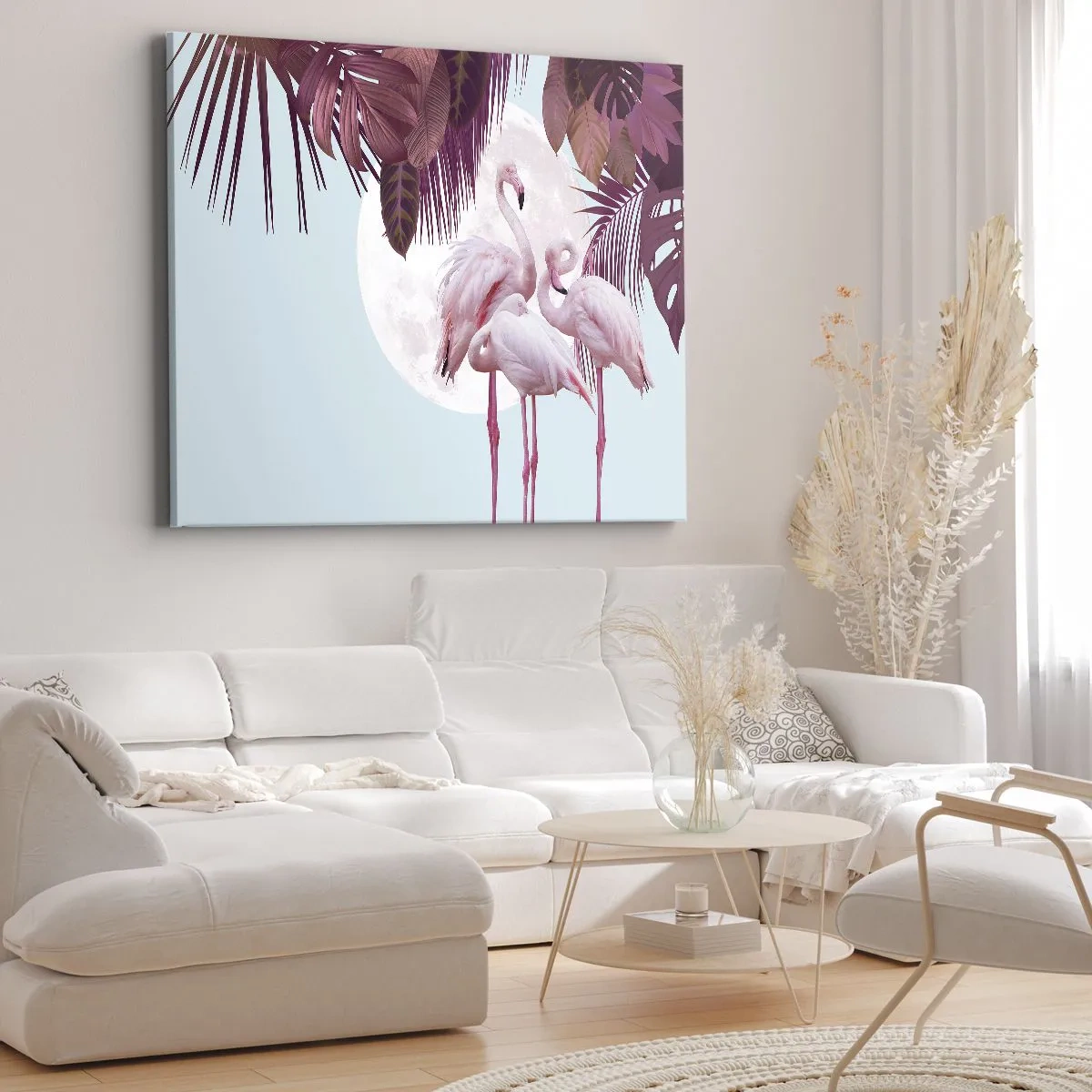 Bild auf Leinwand - Leinwandbild - Rosa Flamingos vor dem Hintergrund des Mondes und tropischer Blätter - 100x70cm - Drei Vogelgnaden - Moderne Wanddekoration für Wohnzimmer und Schlafzimmer ARTTOR