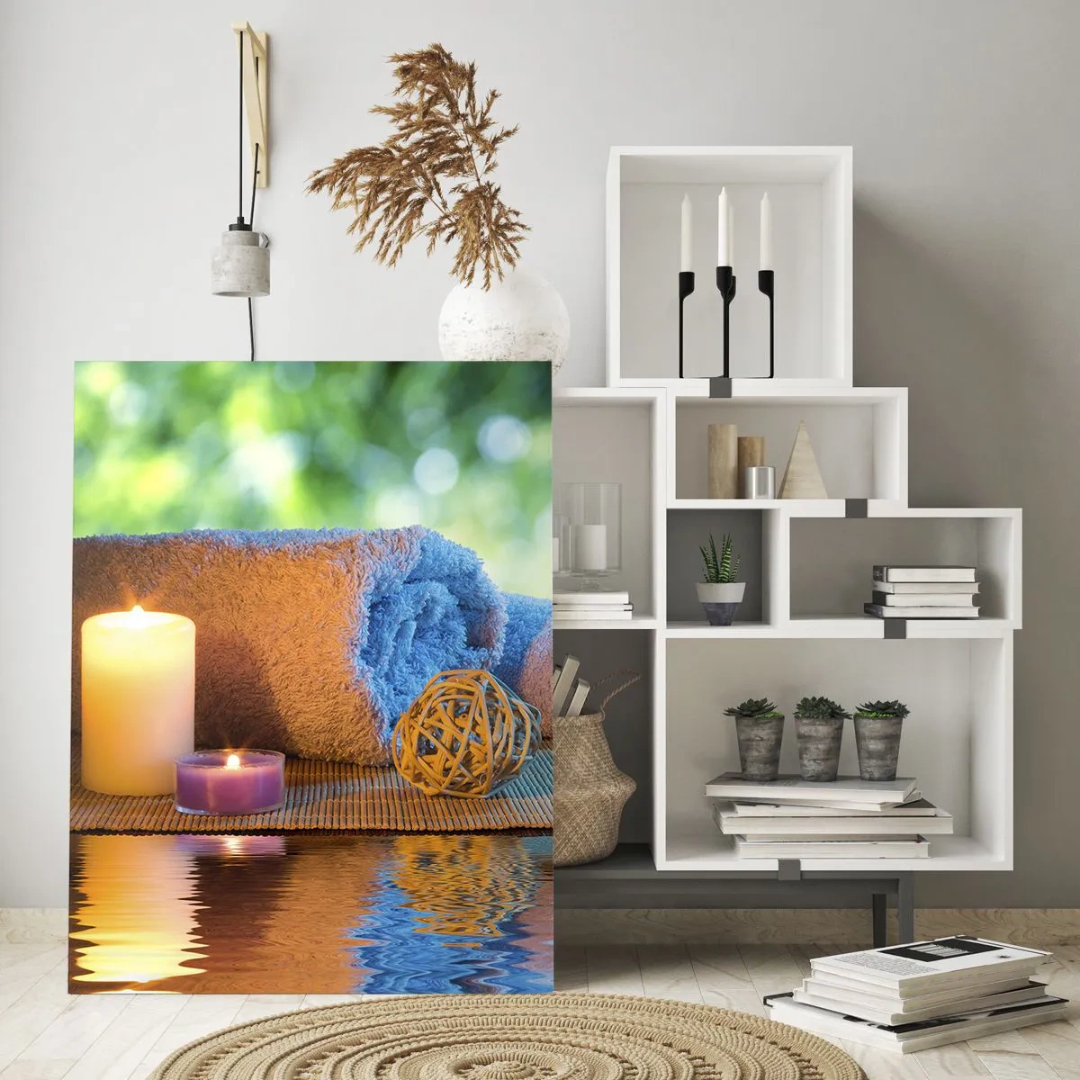 Glasbild - Bild auf glas - Entspannendes SPA-Set mit Handtüchern, Kerzen und Steinen - 70x100cm - Zeit für den Körper - Moderne Wanddekoration für Wohnzimmer und Schlafzimmer ARTTOR