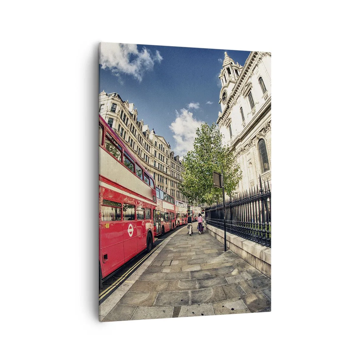 Bild auf Leinwand - Leinwandbild - Roter Doppeldeckerbus in London in der Nähe der Straße und der Kathedrale - 70x100cm - Londoner Straße in Grau und Rot - Moderne Wanddekoration für Wohnzimmer und Schlafzimmer ARTTOR