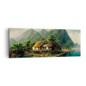 Bild auf Leinwand - Leinwandbild - Eine tropische Insel mit Palmen und Bergen im Hintergrund - 140x50cm - Tropisches Paradies - Moderne Wanddekoration für Wohnzimmer und Schlafzimmer ARTTOR