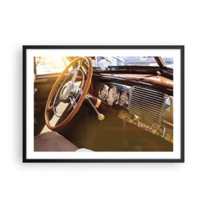 Poster in einem schwarzem Rahmen - Nahaufnahme des Innenraums eines Oldtimers mit Holz- und Chromdetails. - 70x50cm - Ein Hauch von Luxus aus der Vergangenheit - Moderne Wanddekoration für Wohnzimmer und Schlafzimmer ARTTOR