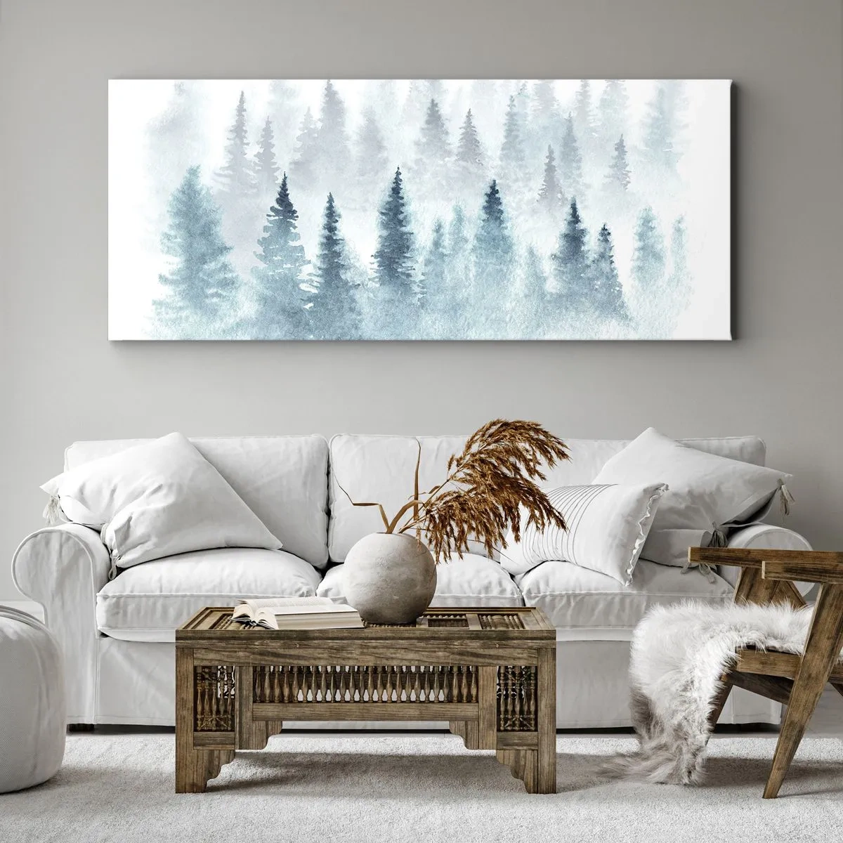 Bild auf Leinwand - Leinwandbild - Nadelwälder in zartem Nebel getaucht - 140x50cm - In Nebel gehüllt - Moderne Wanddekoration für Wohnzimmer und Schlafzimmer ARTTOR