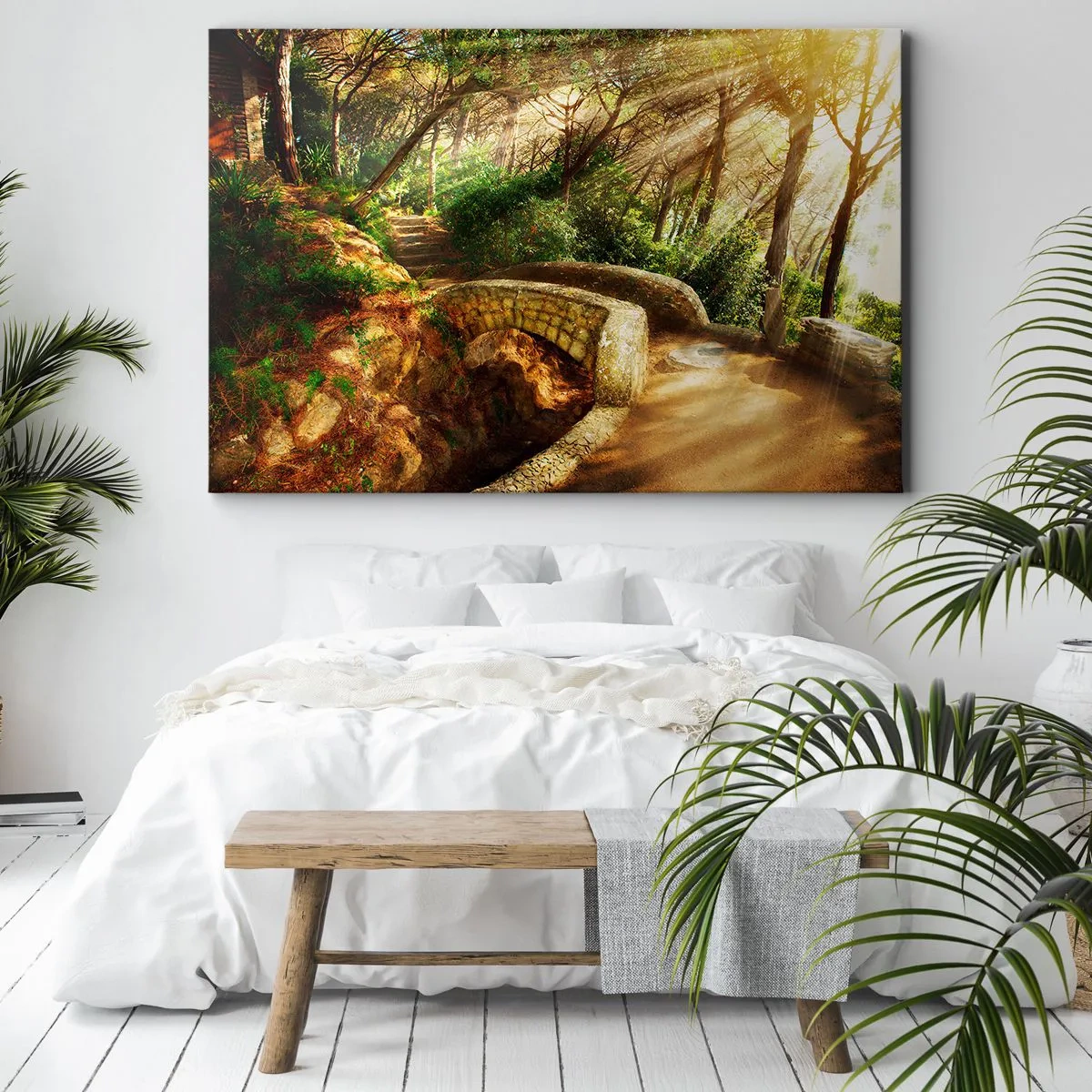 Bild auf Leinwand - Leinwandbild - Waldlandschaft mit Sonnenstrahlen und einer Steinbrücke - 70x50cm - Direkt von der Brücke in den Märchenwald - Moderne Wanddekoration für Wohnzimmer und Schlafzimmer ARTTOR