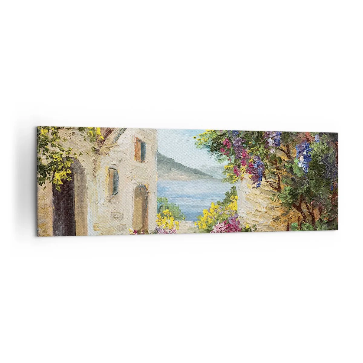 Bild auf Leinwand - Leinwandbild - Küstenlandschaft mit Steingebäuden und Blumen - 160x50cm - Charme einer Küstenprovinz - Moderne Wanddekoration für Wohnzimmer und Schlafzimmer ARTTOR