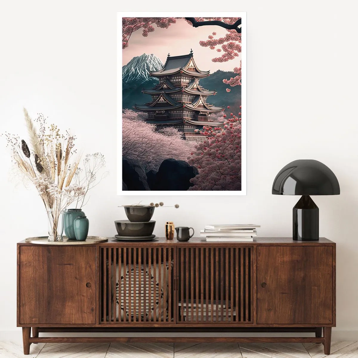 Poster - Japanische Pagode zwischen Kirschblüten - 50x70cm - Land der Kirschblüten - Moderne Wanddekoration für Wohnzimmer und Schlafzimmer ARTTOR