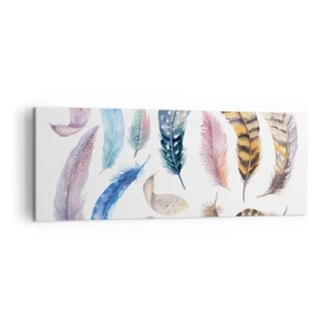 Bild auf Leinwand - Leinwandbild - Bunte Federn im zarten Aquarell-Stil - 140x50cm - Hell, bunt und bunt - Moderne Wanddekoration für Wohnzimmer und Schlafzimmer ARTTOR