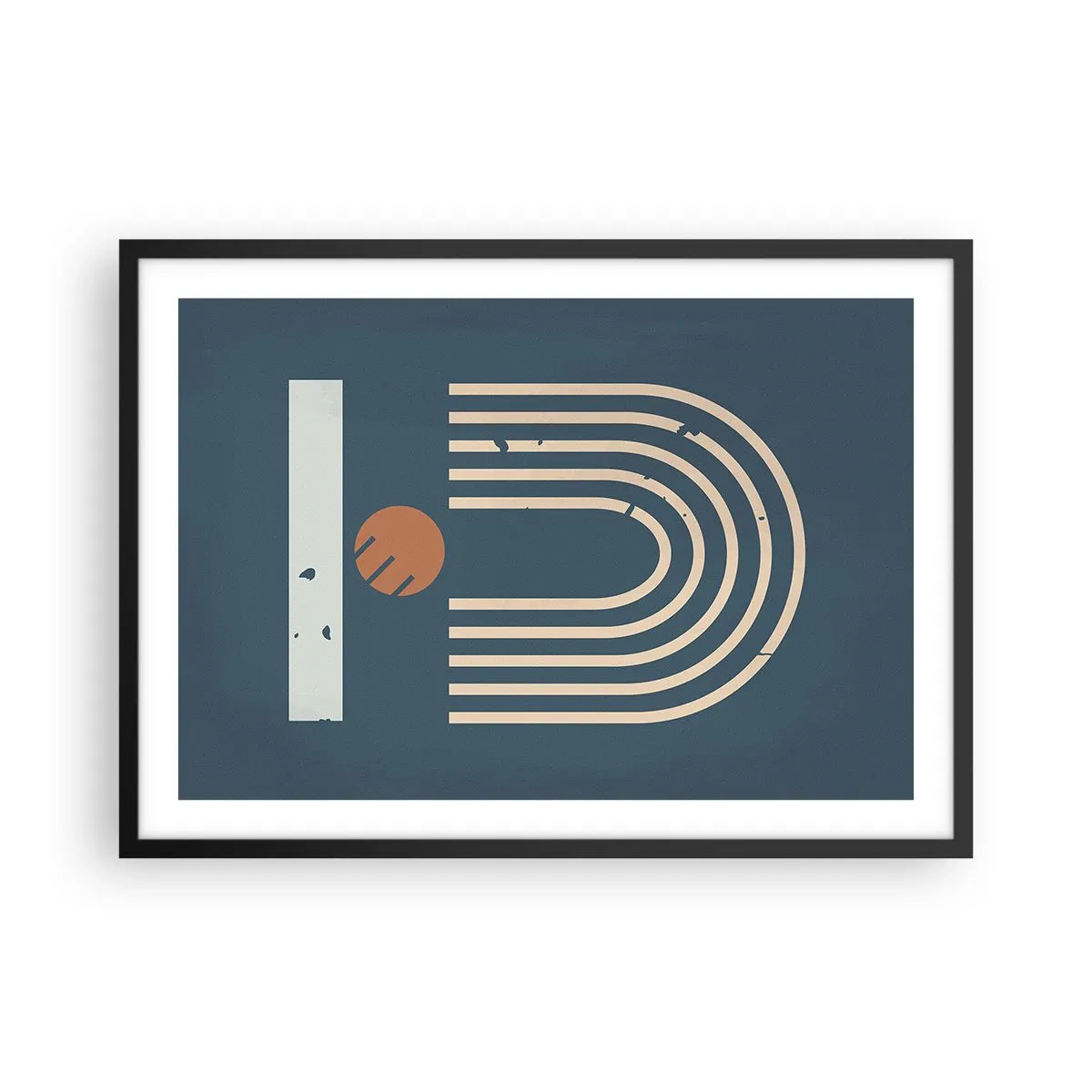 Poster in einem schwarzem Rahmen - Geometrisches Muster in Marineblau-, Beige- und Orangetönen auf dunklem Hintergrund - 70x50cm - Geometrie auf dem Granatapfel - Moderne Wanddekoration für Wohnzimmer und Schlafzimmer ARTTOR