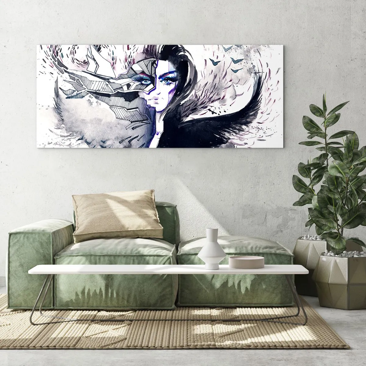 Glasbild - Bild auf glas - Abstraktes Gesicht mit kontrastierenden Elementen und einem Flügelmotiv - 120x50cm - Dämonisch und schön - Moderne Wanddekoration für Wohnzimmer und Schlafzimmer ARTTOR