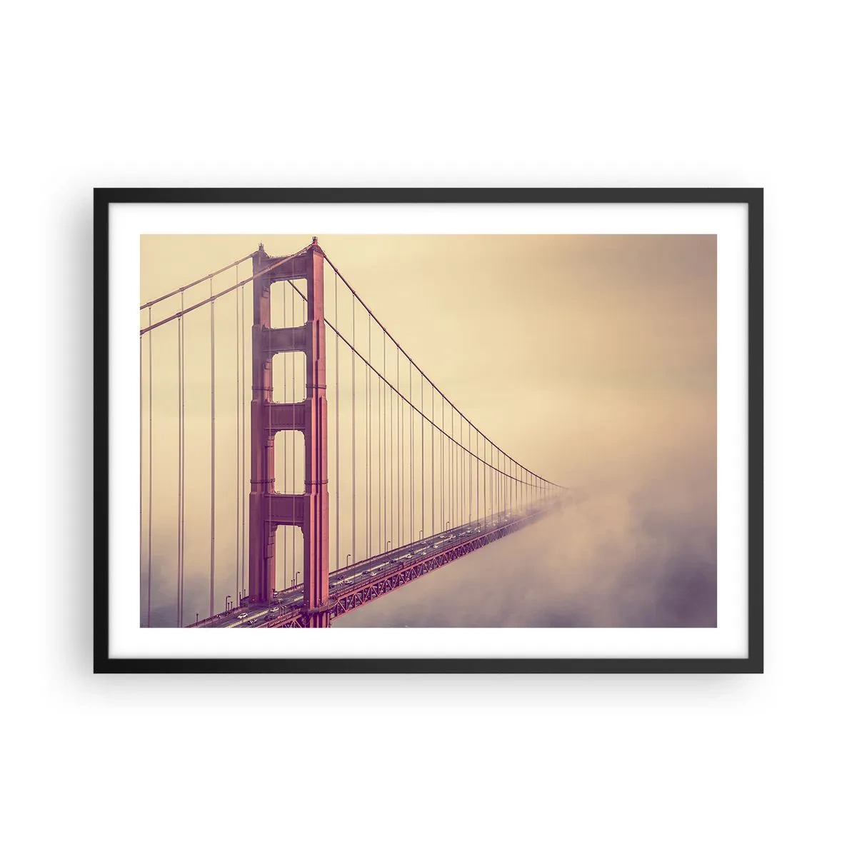 Poster in einem schwarzem Rahmen - Eine Brücke im Nebel in Pastelltönen, ein Symbol für Eleganz und Frieden - 70x50cm - Zwischen Himmel und Erde - Moderne Wanddekoration für Wohnzimmer und Schlafzimmer ARTTOR